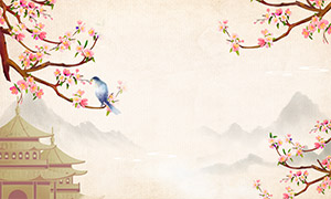 中国风水墨山水楼阁花鸟装饰画PSD素材