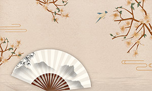 水墨折扇花鸟云纹新中式装饰画PSD素材
