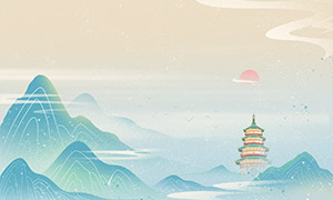 新中式國潮山水插畫背景創(chuàng)意PSD素材