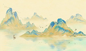 飛鳥扁舟與層疊山巒國潮插畫PSD素材