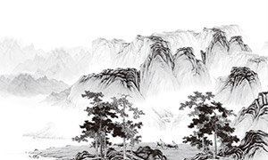 樹木與層巒疊嶂的山峰水墨畫PSD素材