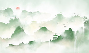 煙巒云樹新中式水墨山水意境畫PSD素材