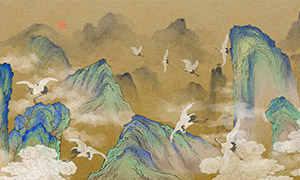 新中式青綠山水仙鶴國潮插畫PSD素材