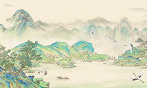 青綠色調(diào)新中式山水意境工筆畫PSD素材