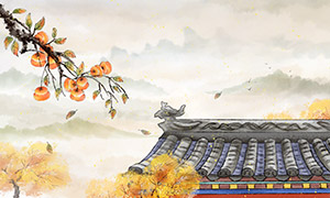 秋日果樹與古建筑新中式意境畫PSD素材