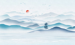 紅日飛鳥元素新中式山水意境插畫素材