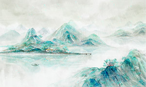新中式雨霧中的山水意境插畫PSD素材