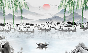 新中式水墨江南水鄉(xiāng)意境繪畫PSD素材
