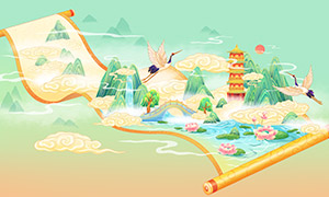 新中式國潮山水意境插畫創意PSD素材