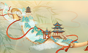 新中式國潮風格古建插畫創意PSD素材