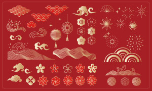 云纹水纹与花朵等新年春节元素矢量图 云纹水纹与花朵等新年春节元素矢量图